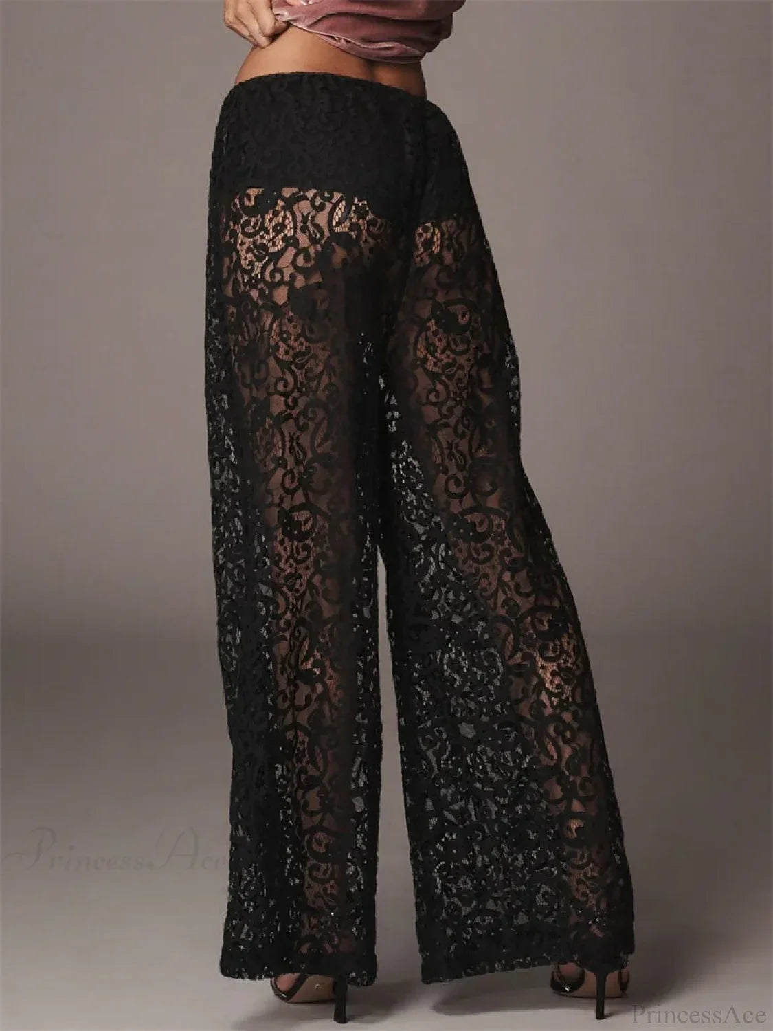 Lace Floral Mesh See-Through Black Wide Leg Pant