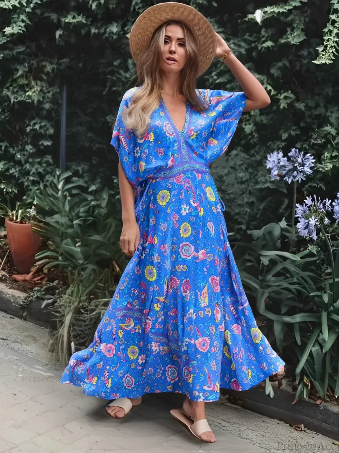 Peacock Floral Print V-neck Tassel Rayon Vacation Boho Dress