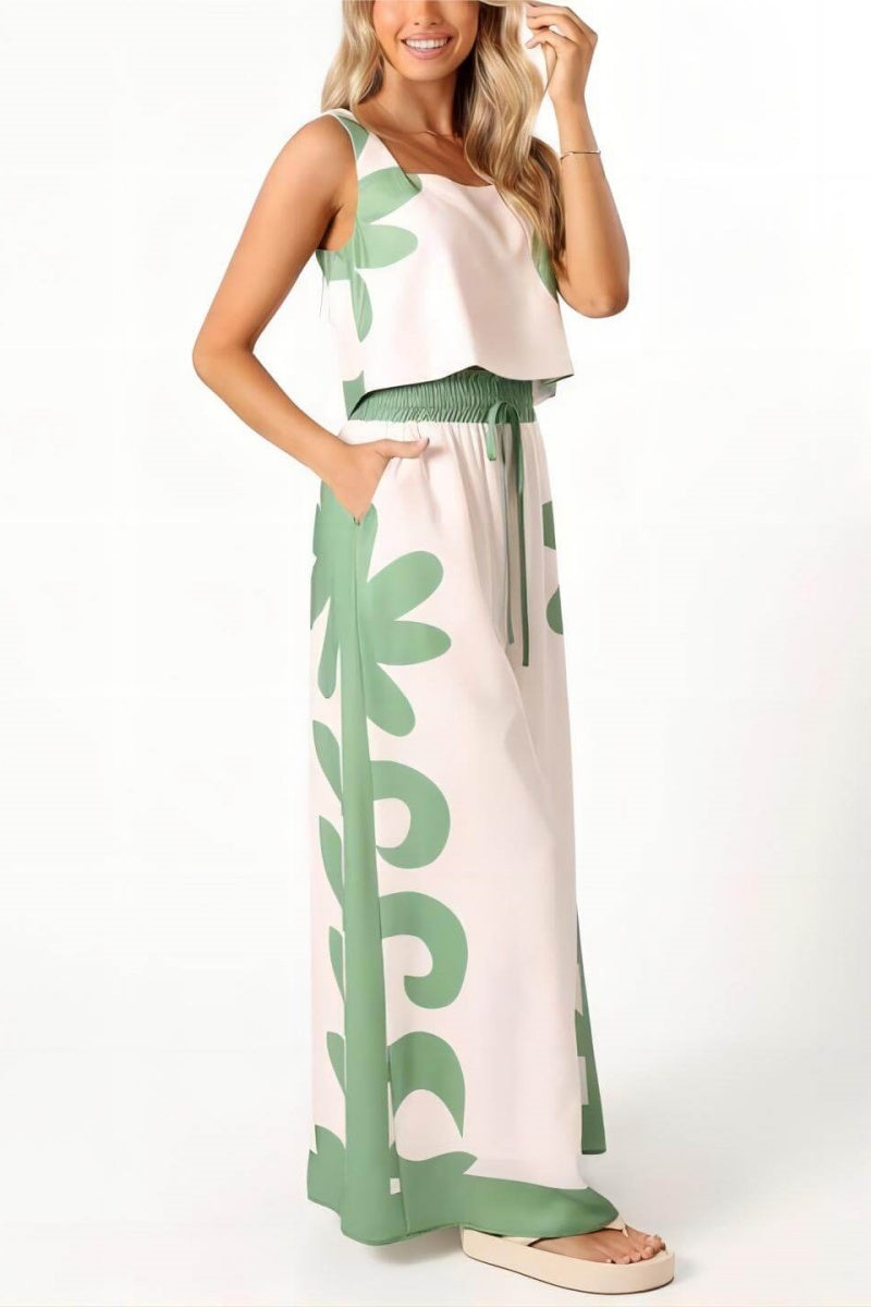 Otilia® | Sleeveless Folk Floral Wide Leg Loose Fit Pants Set