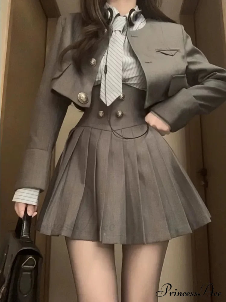Preppy Style Korean Y2k Mini Skirt Casual Stripe Suit