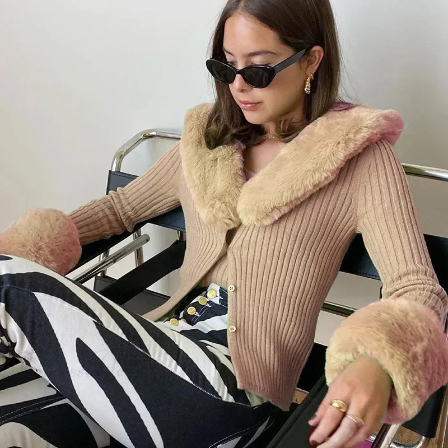Ribbed Fur Trim Slim Knitted Cardigan