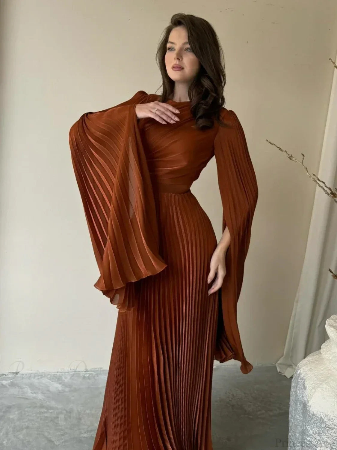 Sexy O Neck Batwing Sleeve Pleated Long Dress Women Rose Party Dress