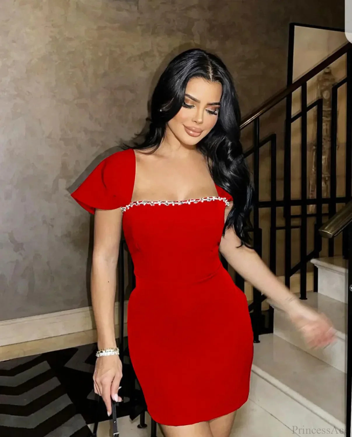 Sexy Square Collar Shinning Crystal Bodycon Mini Bandage Fashion Celebrate Party Dress