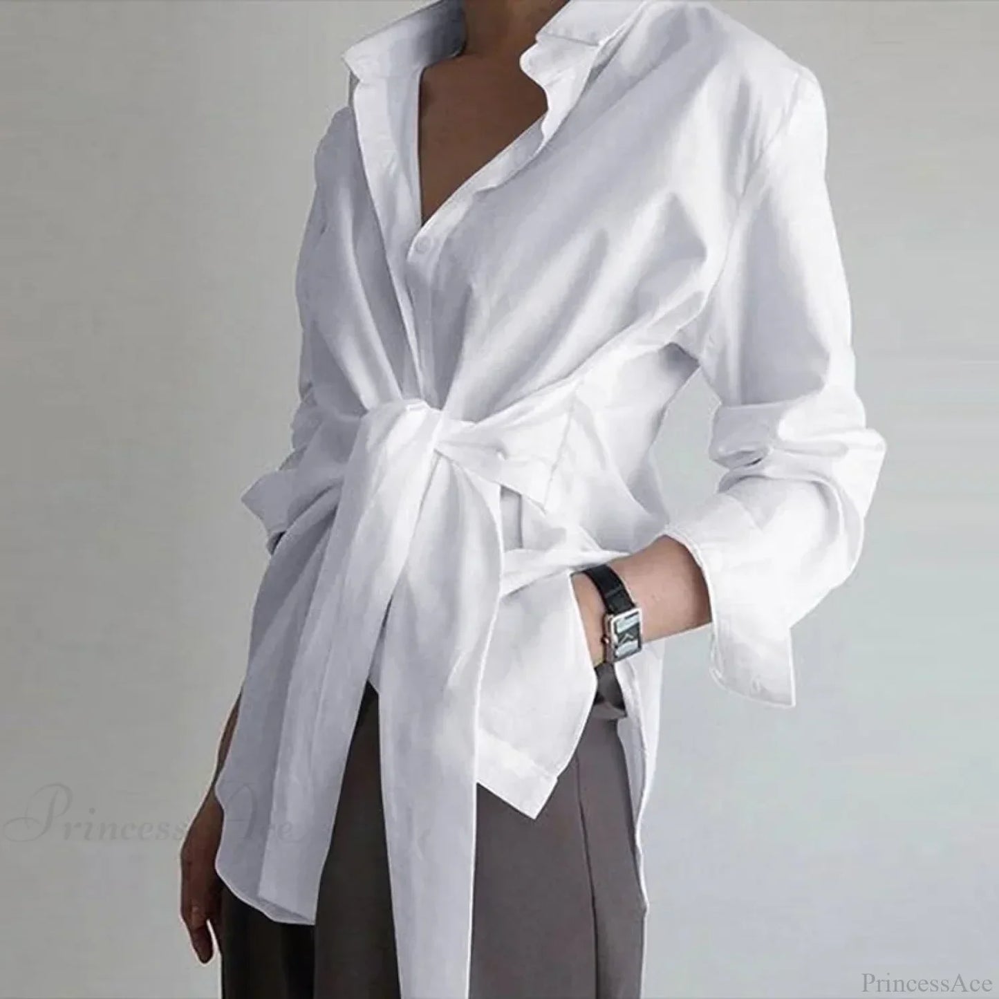 Slim Button Ruched Lace-Up Blouse