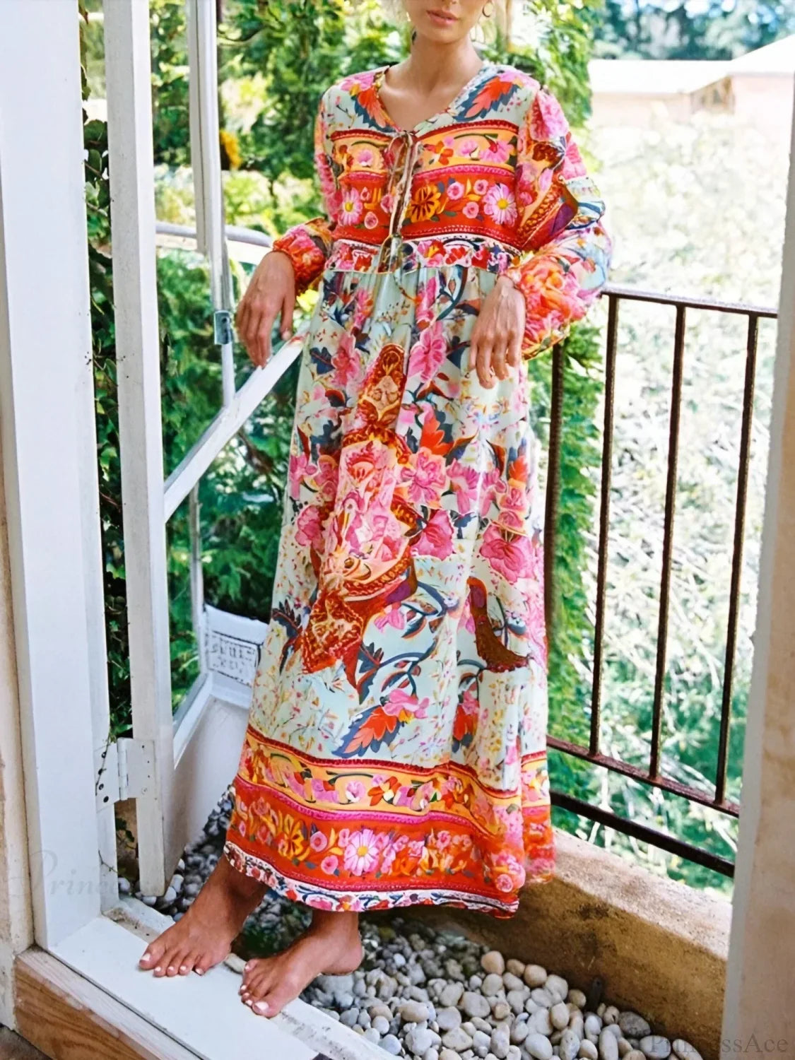 Tassel Red Floral Print Rayon Cotton Pleated Long Maxi Boho Sundress