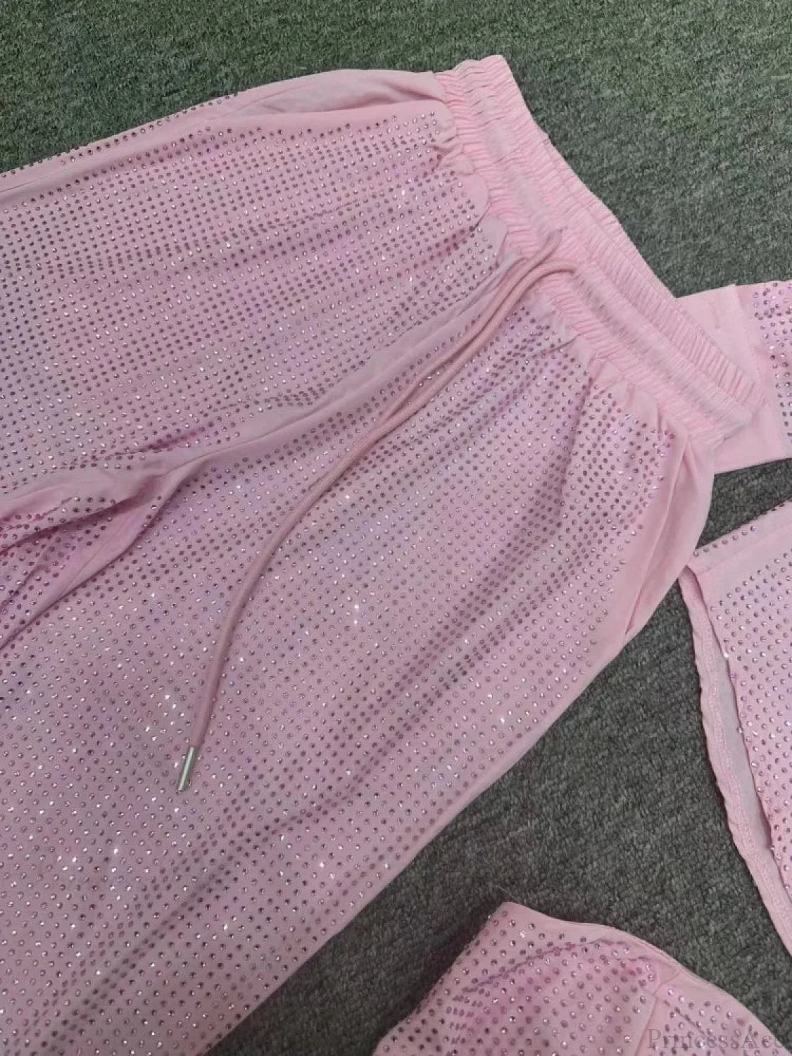 Three Piece Pants Set Sexy Sparkle Diamonds Long Sleeve Pink Party Dress