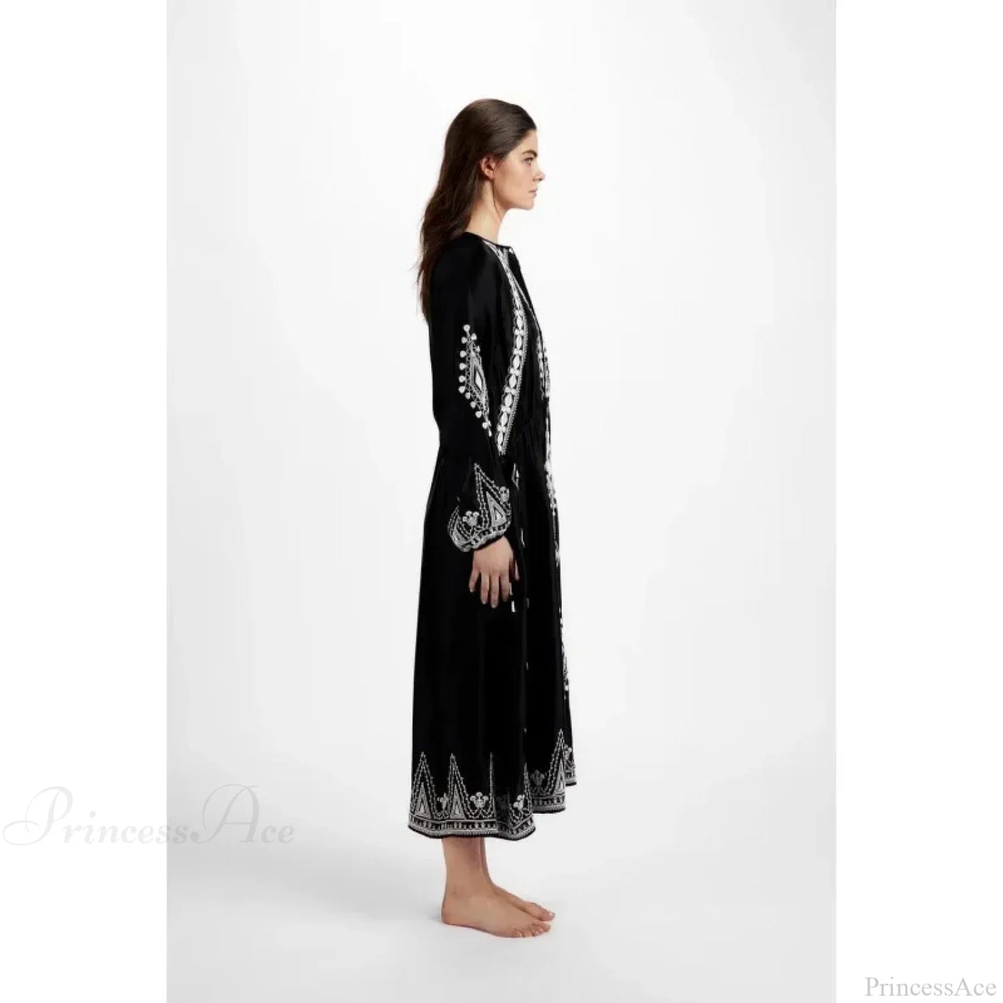 V-neck Lantern Sleeve Free Style Cotton Boho Dress