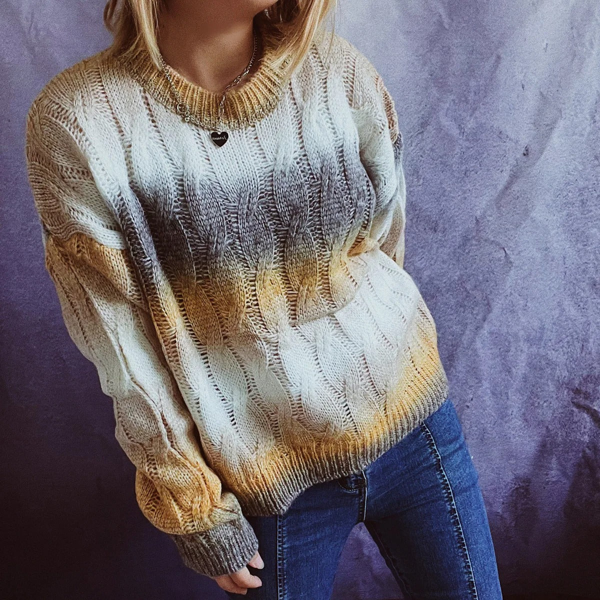 Brigitta | Women's ribbed denim sweater with a round neckline