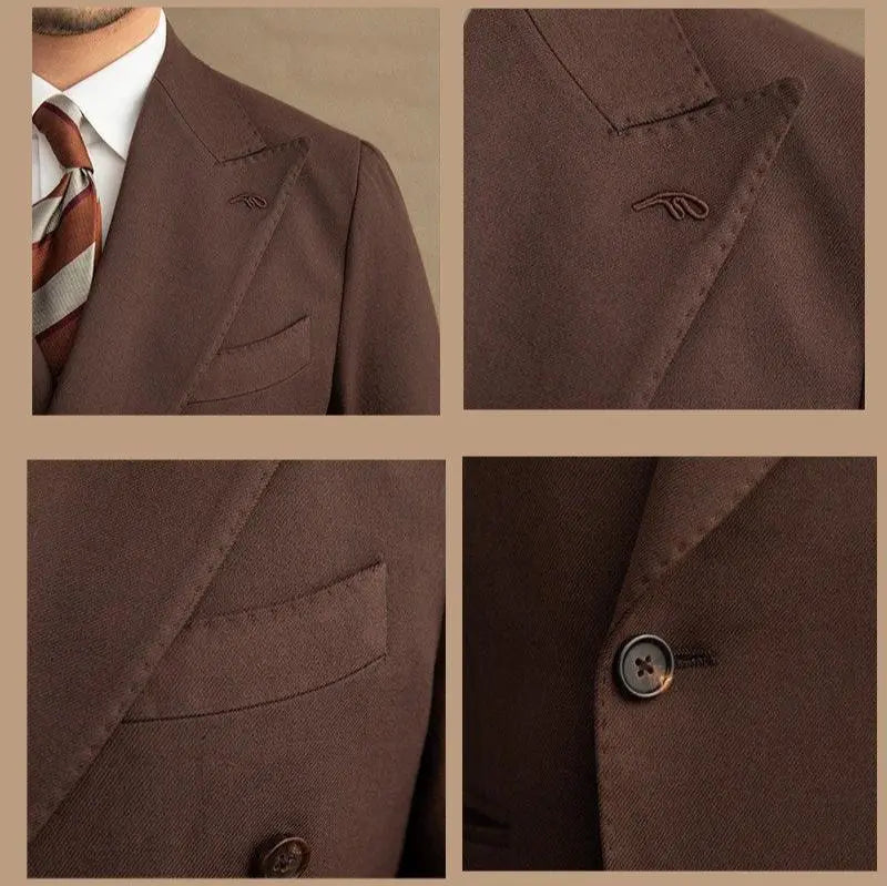 Men's Double Breasted Two Piece Suit Set with Peak Lapel Jacket and Trousers