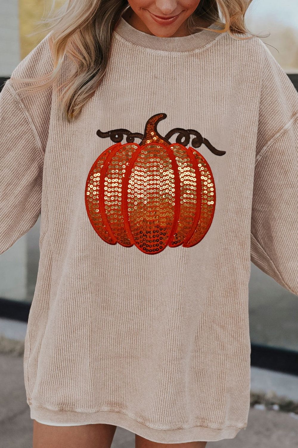 Melina | Long sleeve sequin pumpkin crew neck sweatshirt