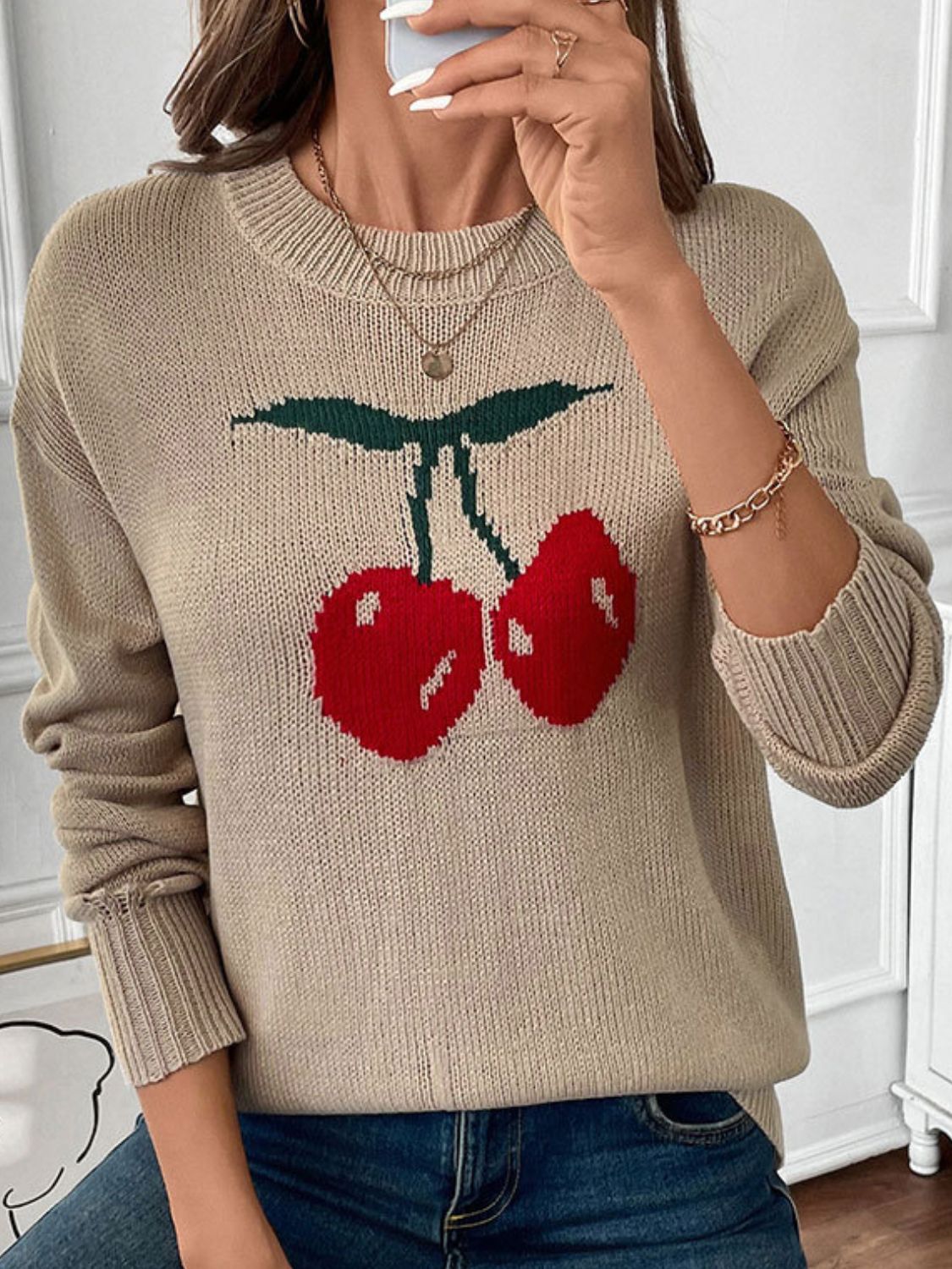 Cintia | Perfee Cherry crew neck long sleeve sweater
