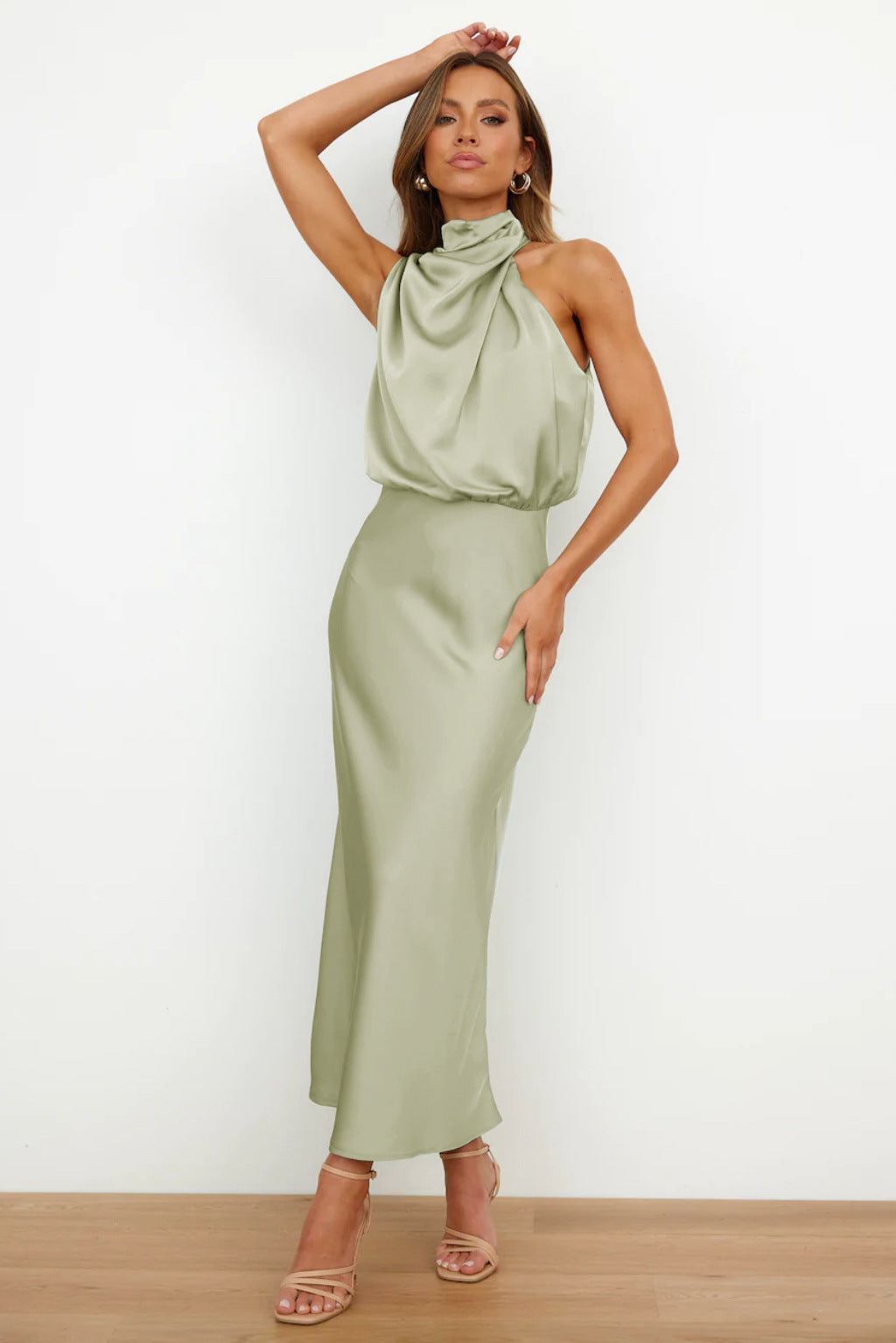 Vanessa® | Long Satin Dress With American Neckline