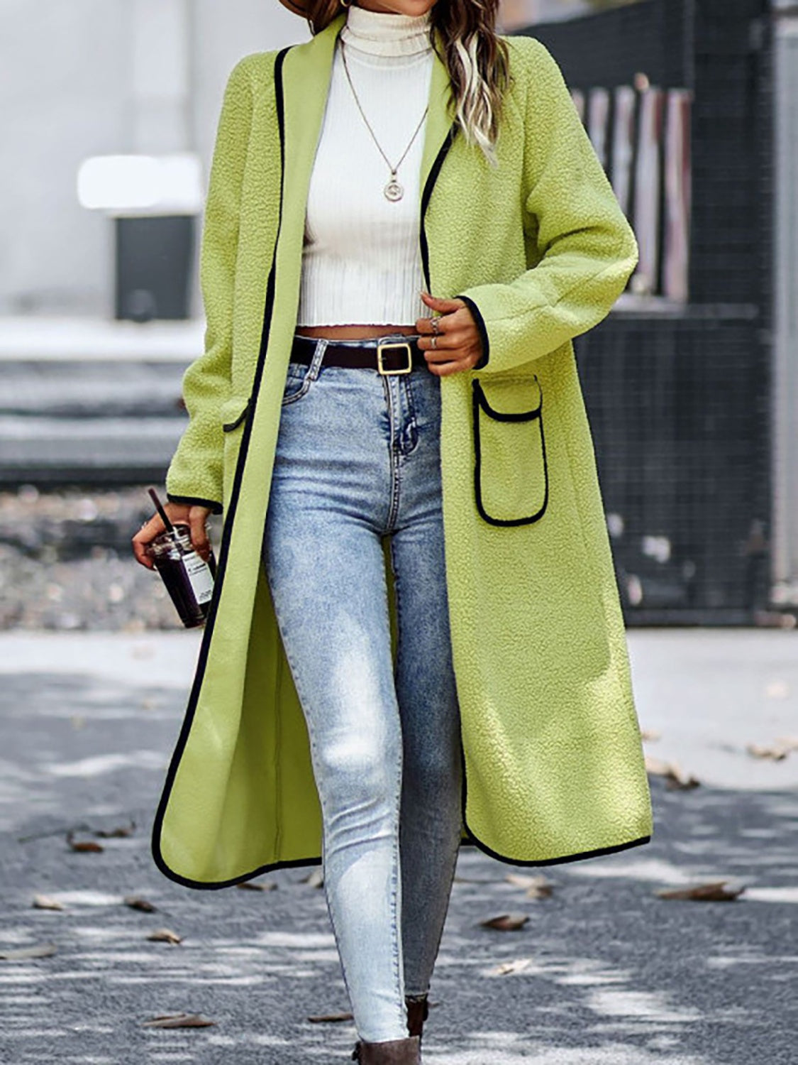 Claudia | Full size long sleeve coat with contrast trim and pockets