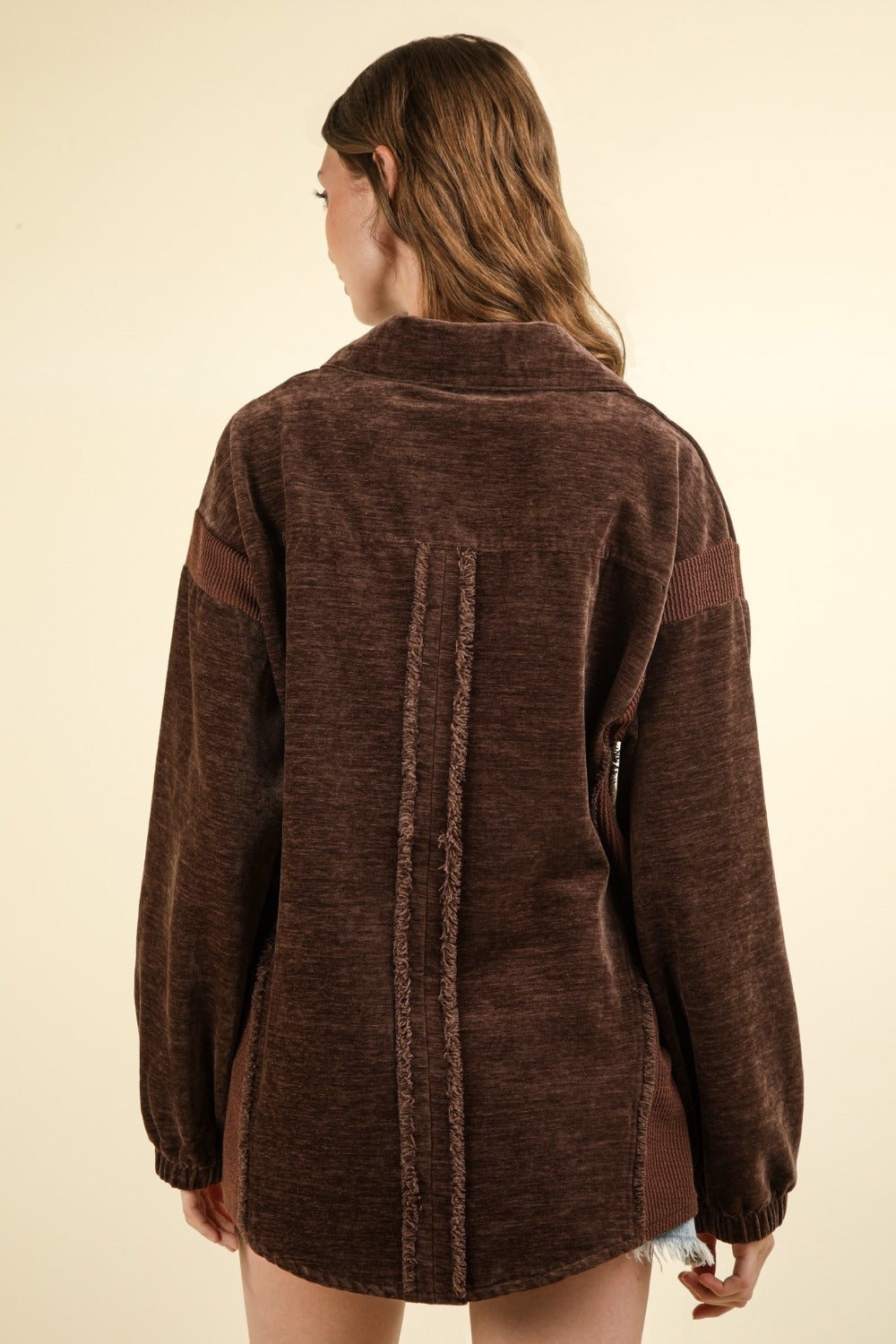 Carmen | Mixed media button-down jacket with raw hem