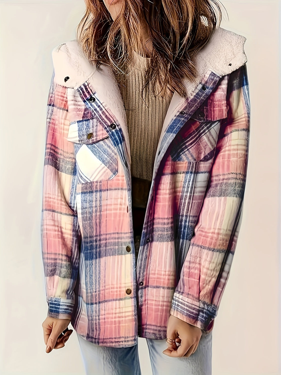 Wendy | Checked, long-sleeved hooded outerwear with snap fasteners