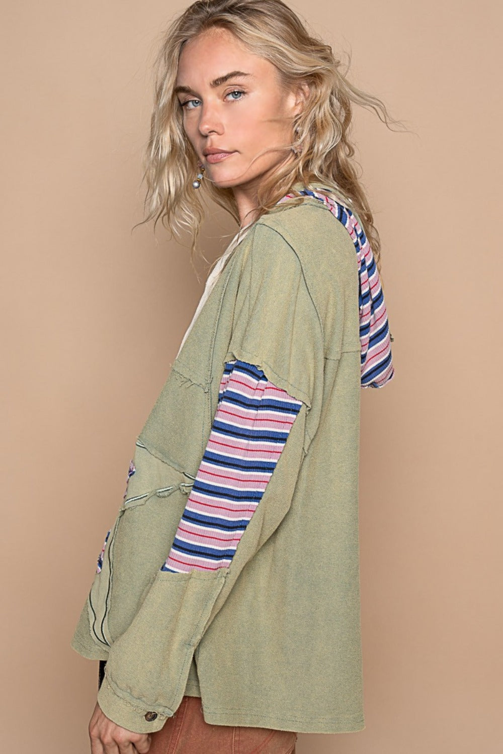 Carla | French terry hoodie with star patchwork and raw edges