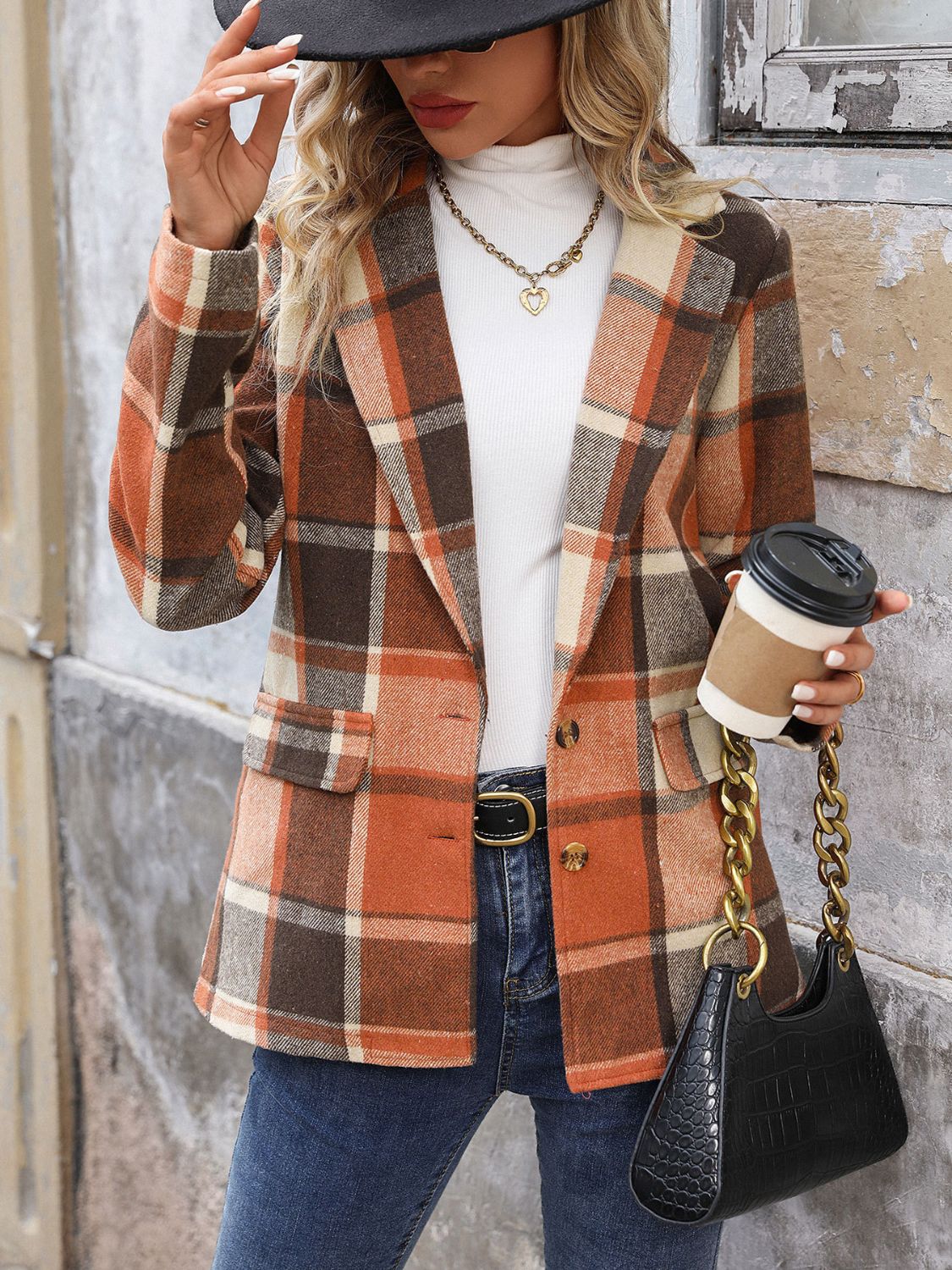 Monica | Perfee checked blazer with button placket and lapel collar