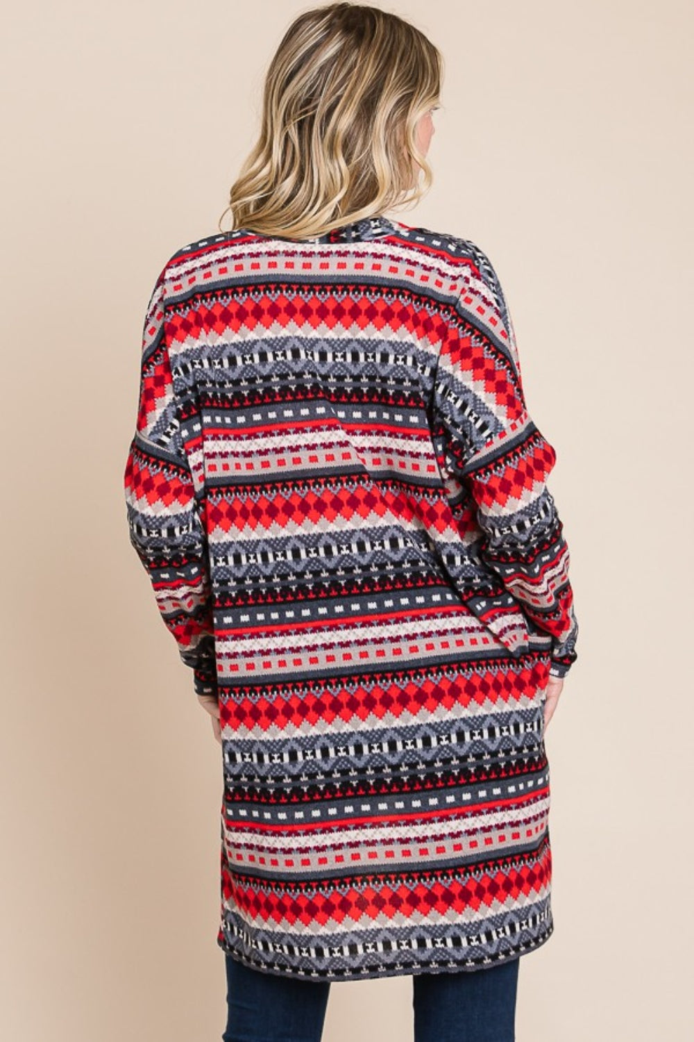 Magda | Geometric open front long sleeve cardigan with pockets