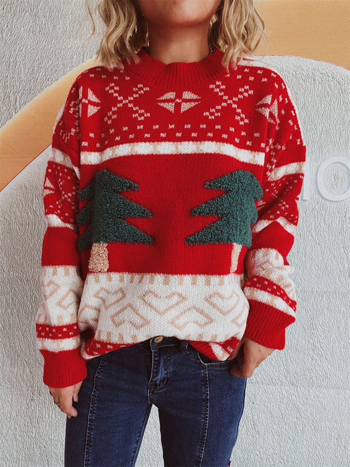 Annelies | Long-sleeved Christmas tree sweater with stand-up collar