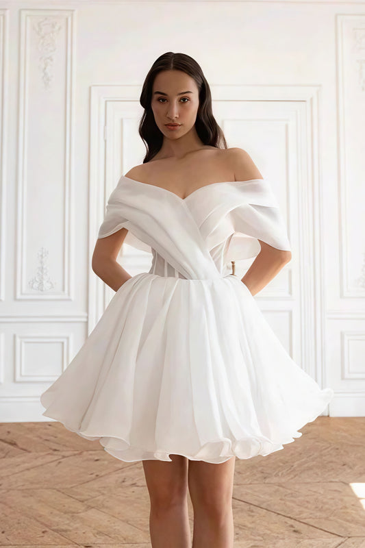 Elegant Cross Ruched Off Shoulder Short Reception Dress