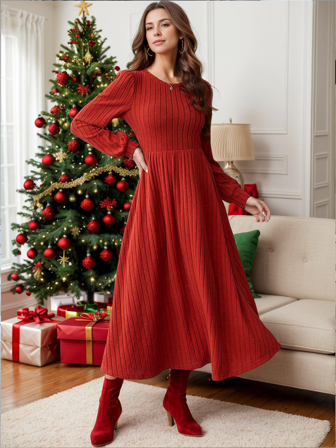 Agnes | Ribbed long sleeve dress with a crew neck