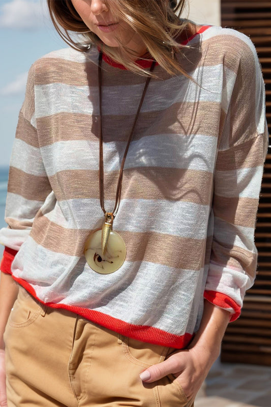 Loretta | Contrasting striped long-sleeved knitted top with a crew neck
