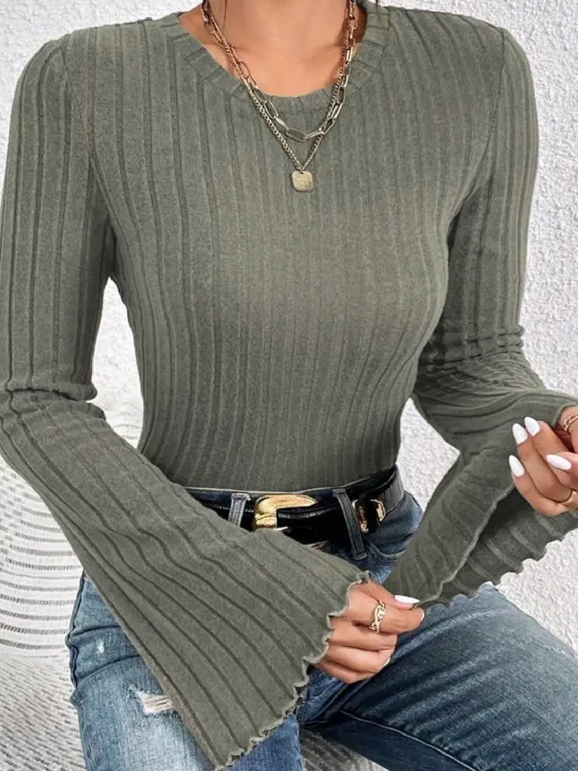 Adelheid | Ribbed crew neck t-shirt with flared sleeves