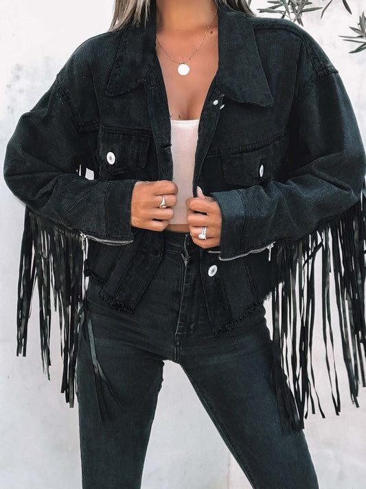 Margarita | Long-sleeved denim jacket with fringes and buttons