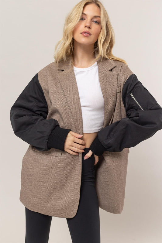 Marina | Long sleeve blazer with herringbone pattern and mixed media contrast