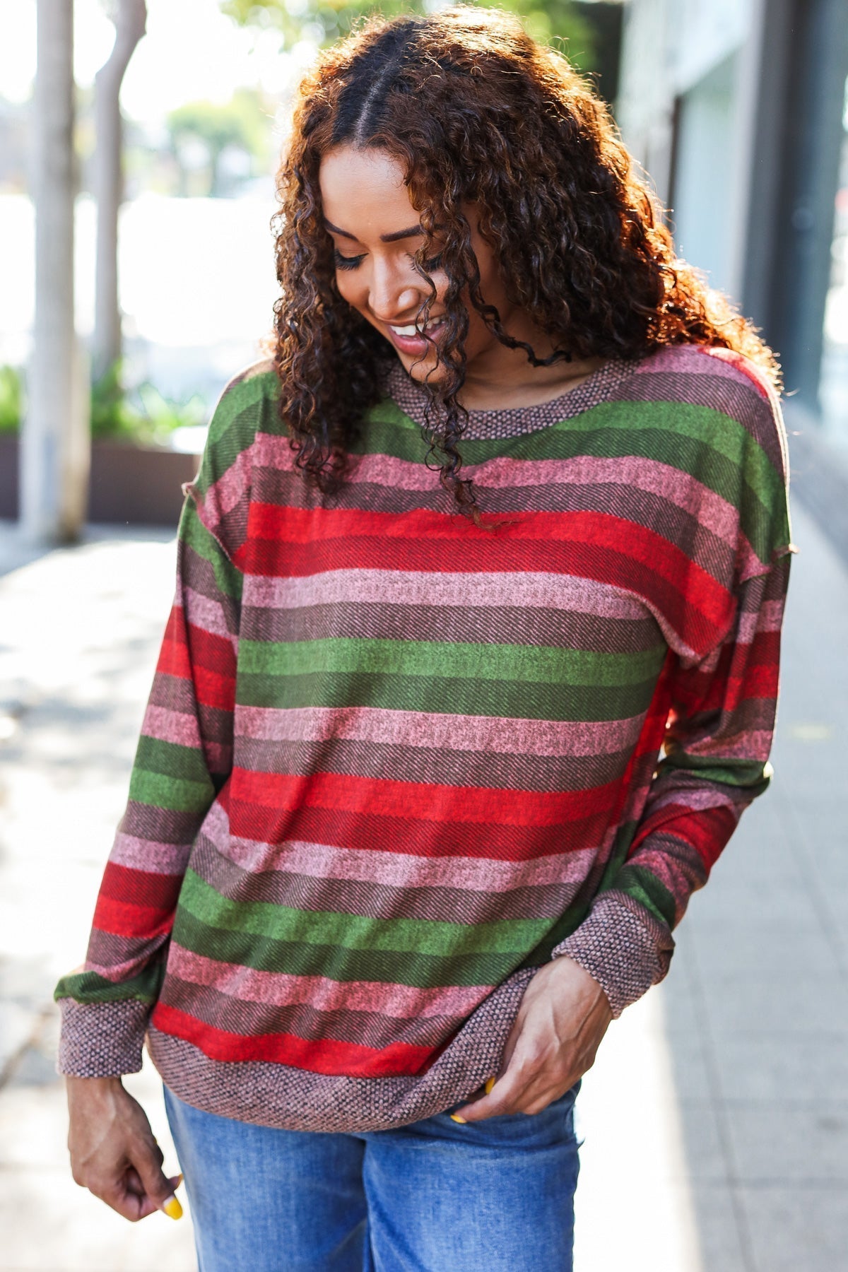 Marita | Perfectly You Olive and mauve striped two-tone tie-neck sweater top