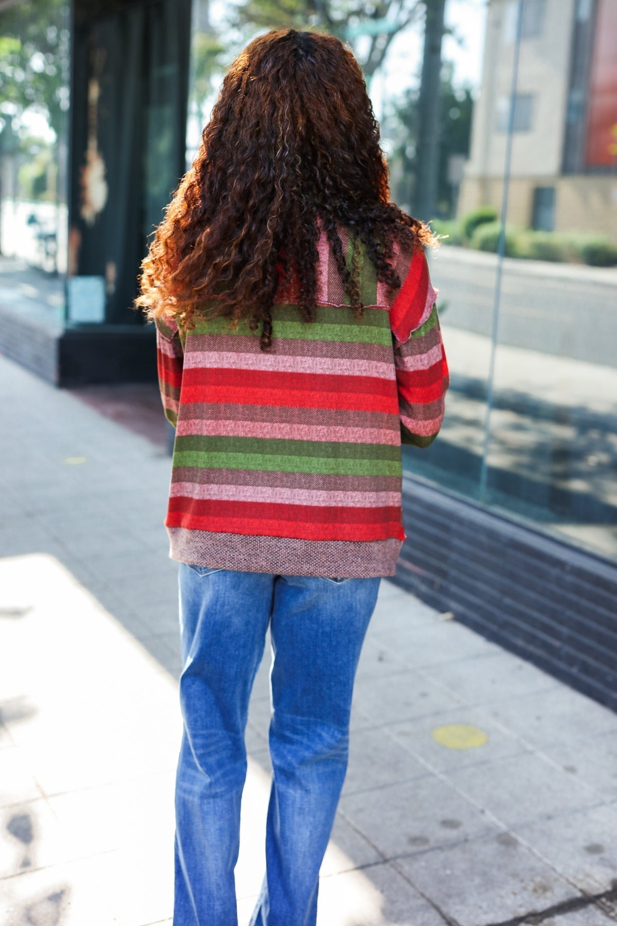 Marita | Perfectly You Olive and mauve striped two-tone tie-neck sweater top