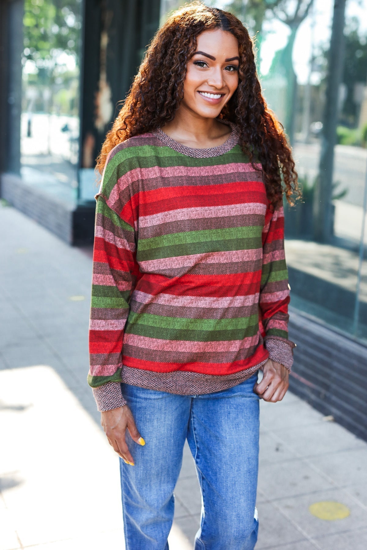 Marita | Perfectly You Olive and mauve striped two-tone tie-neck sweater top