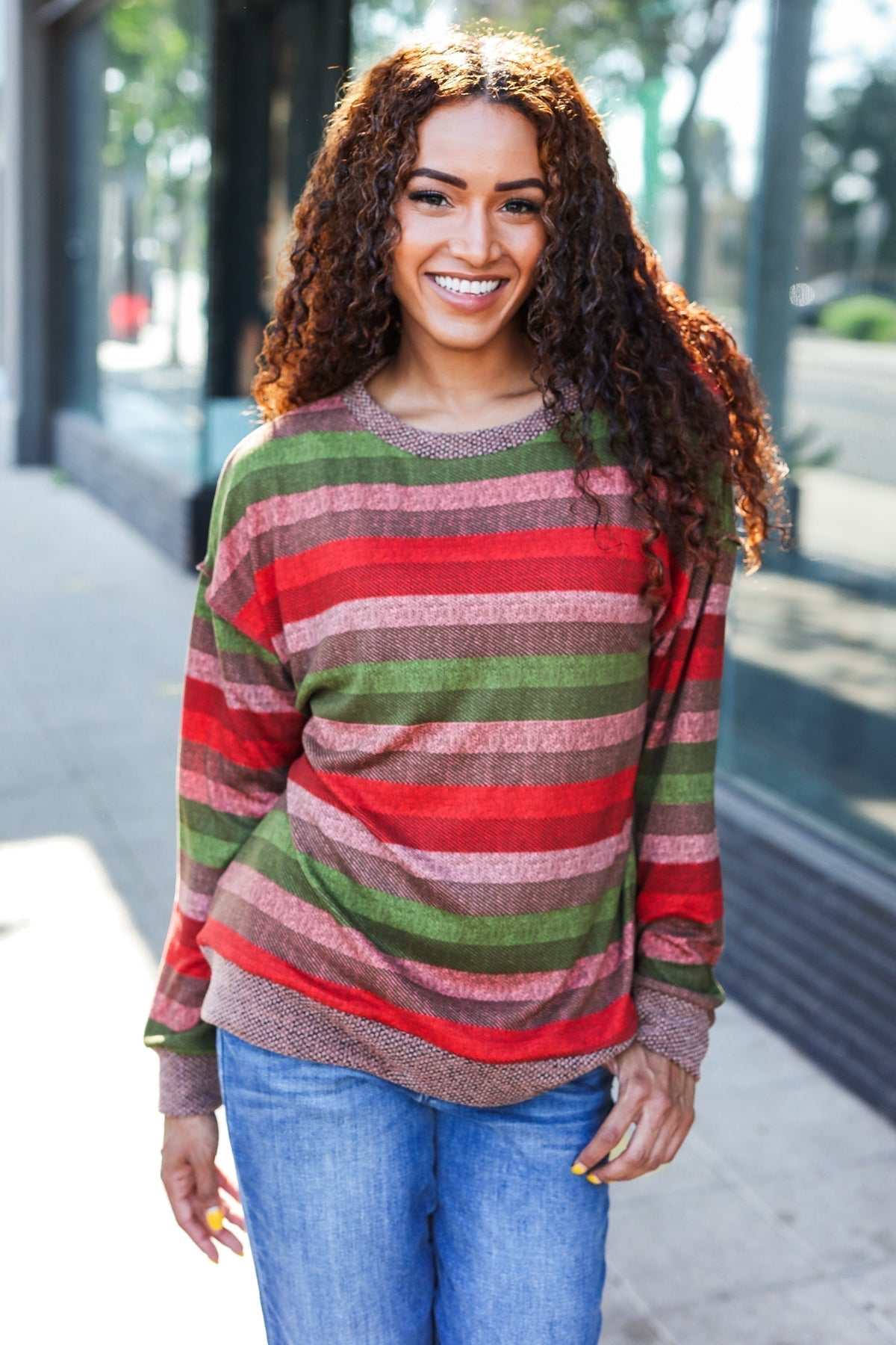 Marita | Perfectly You Olive and mauve striped two-tone tie-neck sweater top