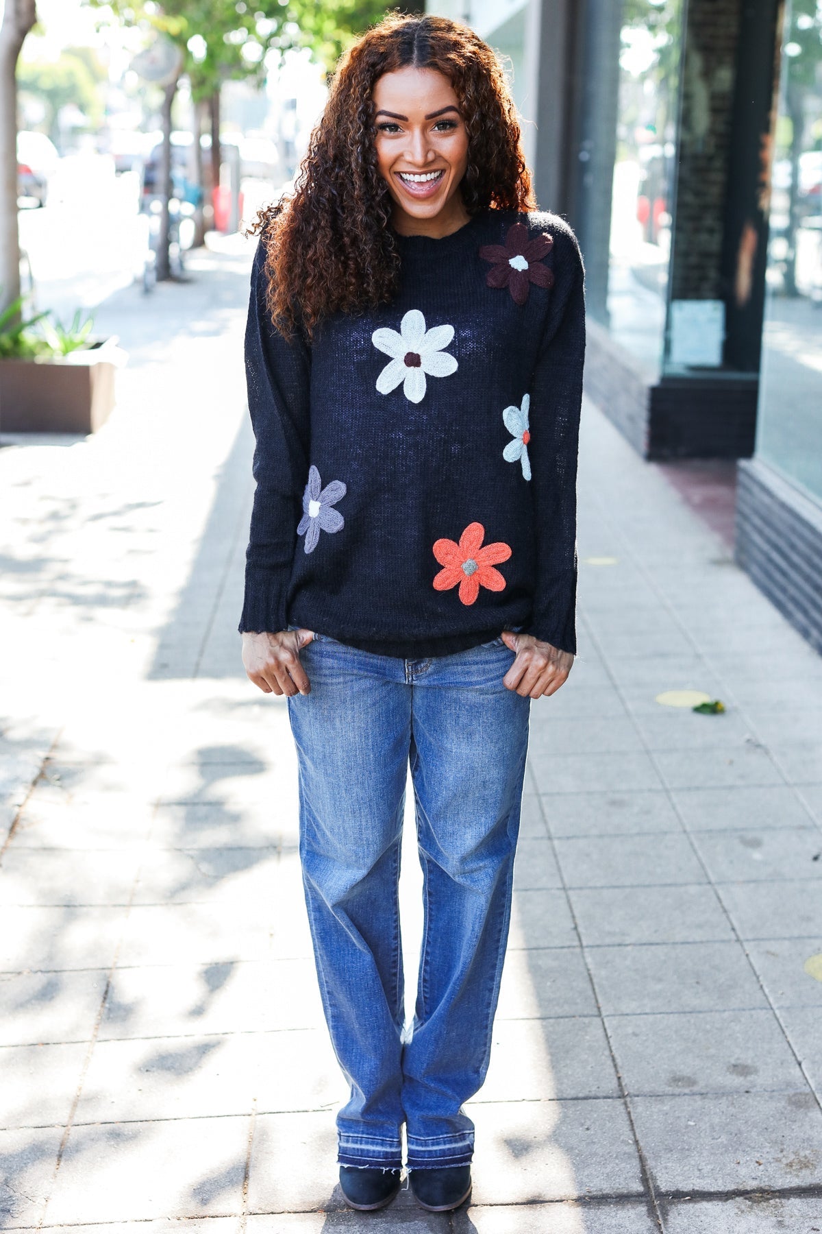 Luisa | Eyes On You oversized knit sweater with floral patch in black