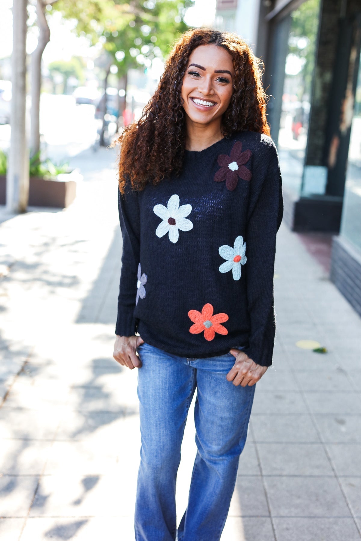 Luisa | Eyes On You oversized knit sweater with floral patch in black