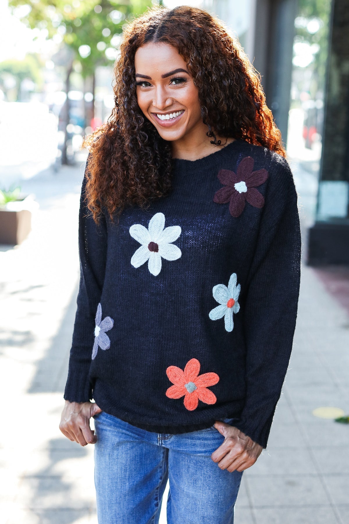 Luisa | Eyes On You oversized knit sweater with floral patch in black