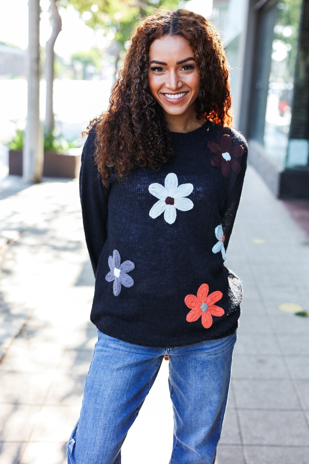 Luisa | Eyes On You oversized knit sweater with floral patch in black