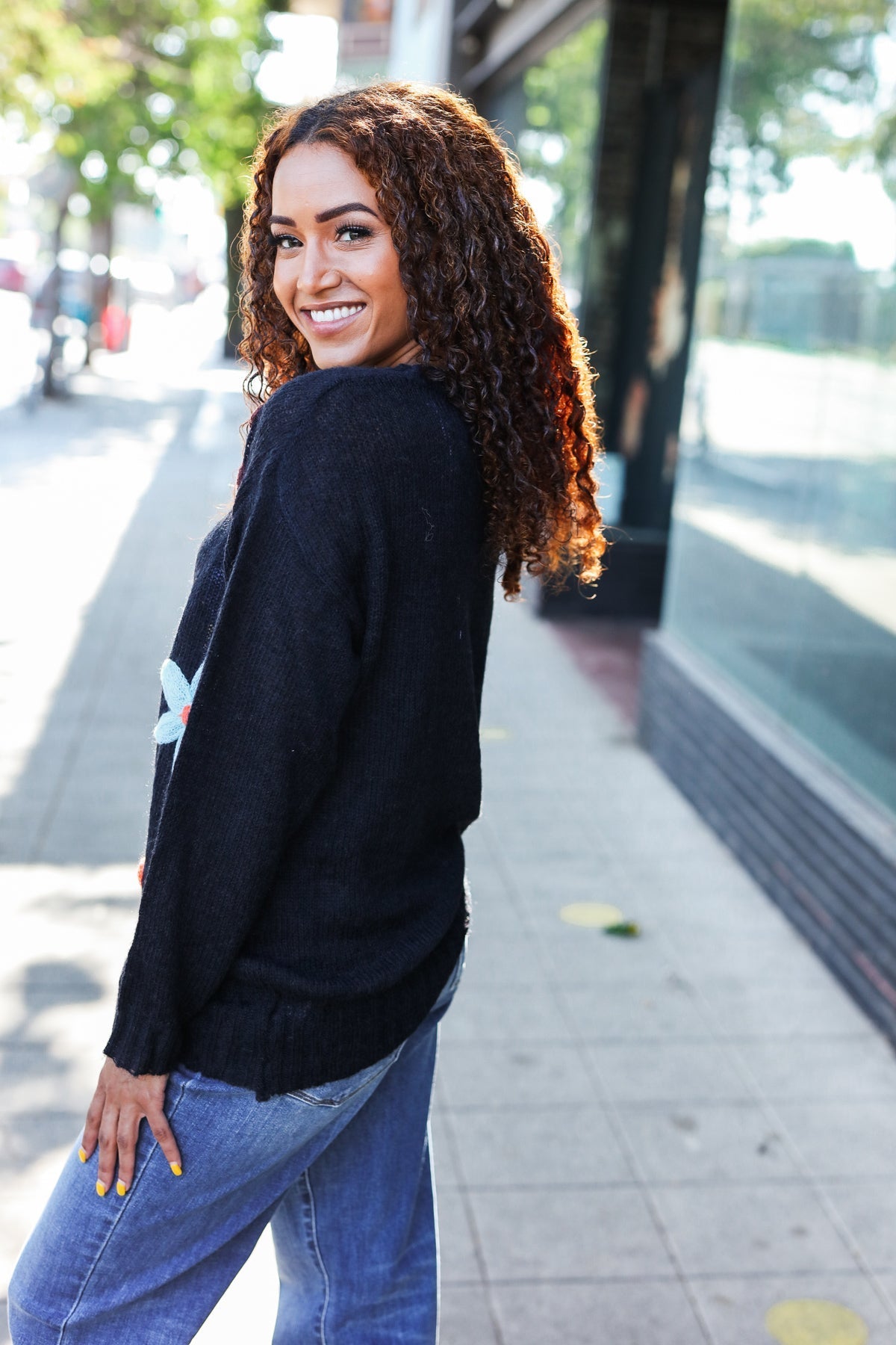 Luisa | Eyes On You oversized knit sweater with floral patch in black
