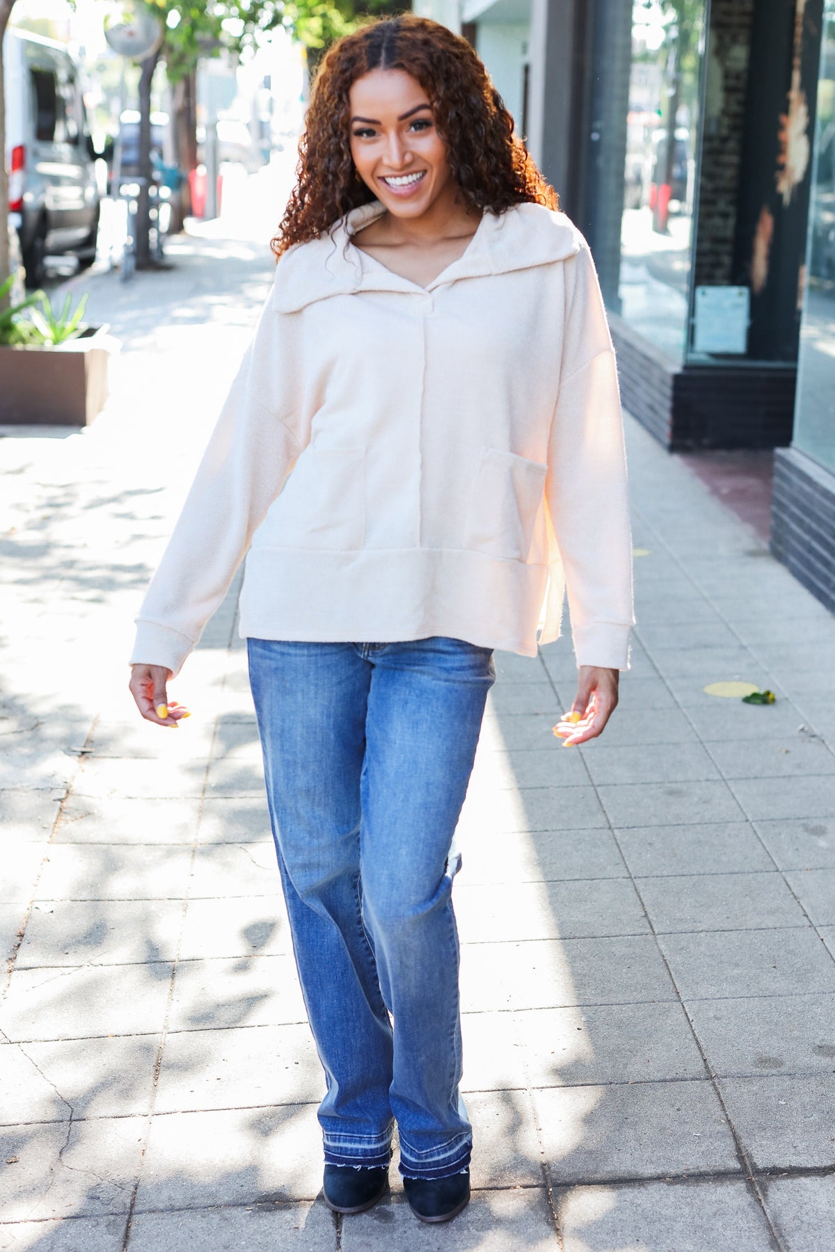 Anke | Easy Living oatmeal knit sweater with a notched neckline and oversized collar