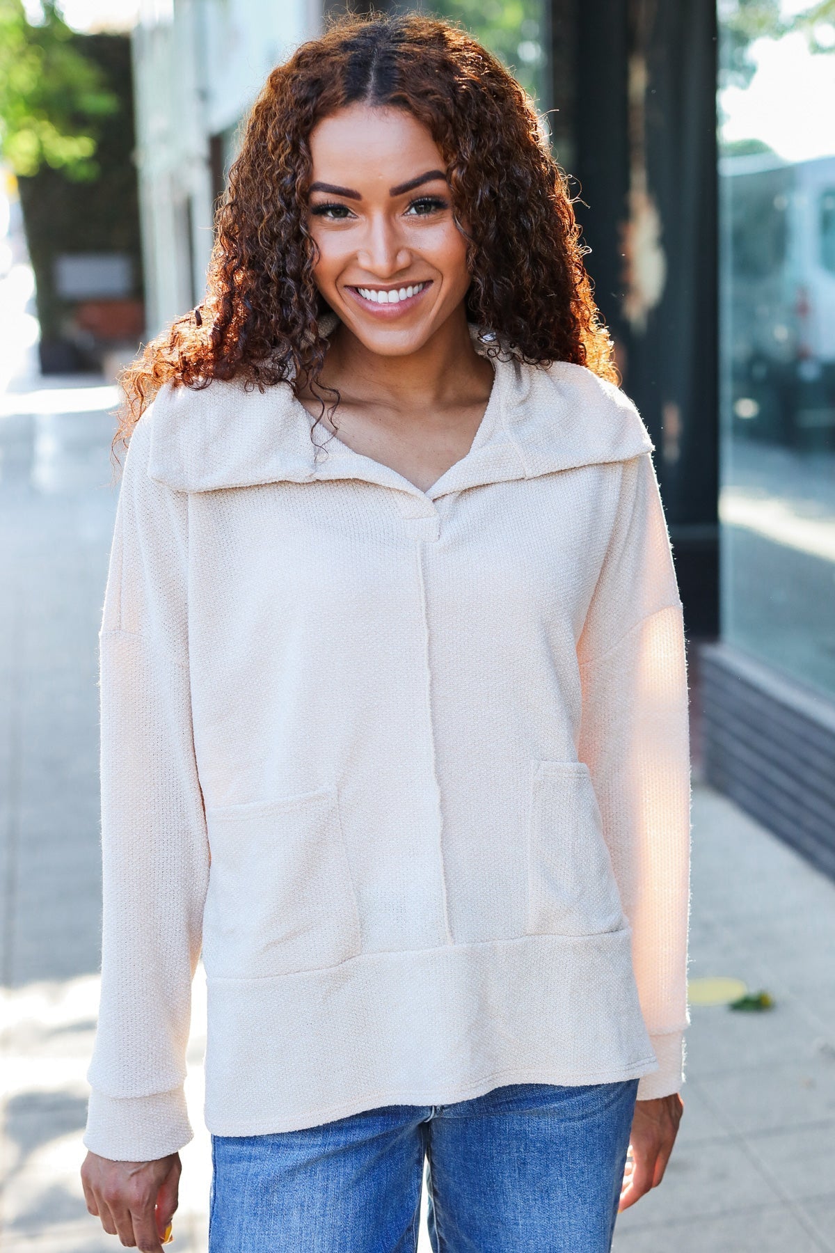 Anke | Easy Living oatmeal knit sweater with a notched neckline and oversized collar
