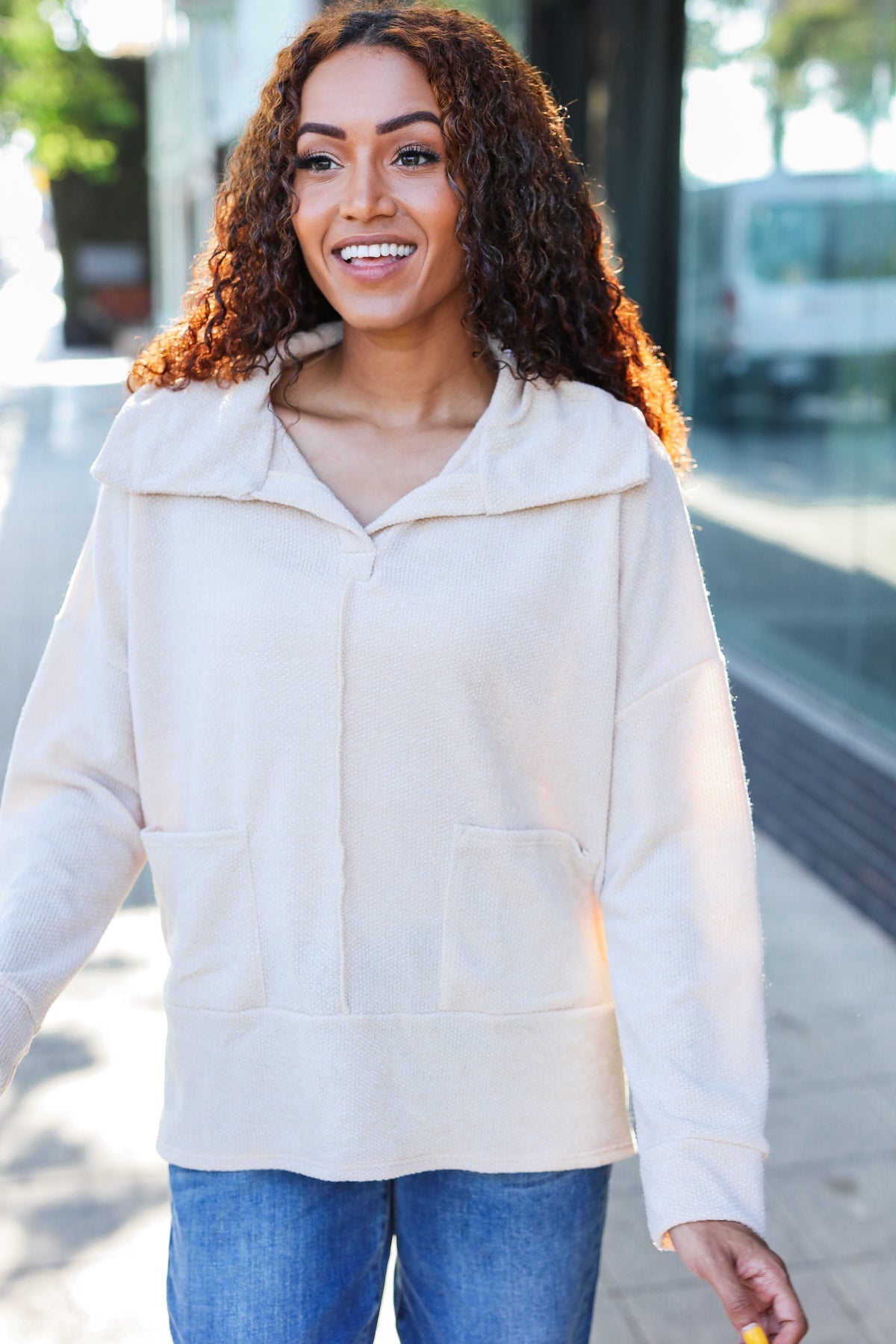 Anke | Easy Living oatmeal knit sweater with a notched neckline and oversized collar