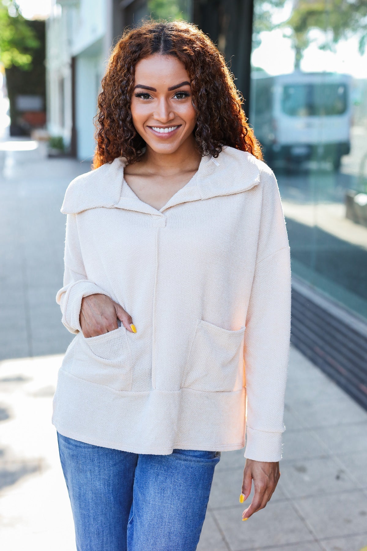 Anke | Easy Living oatmeal knit sweater with a notched neckline and oversized collar