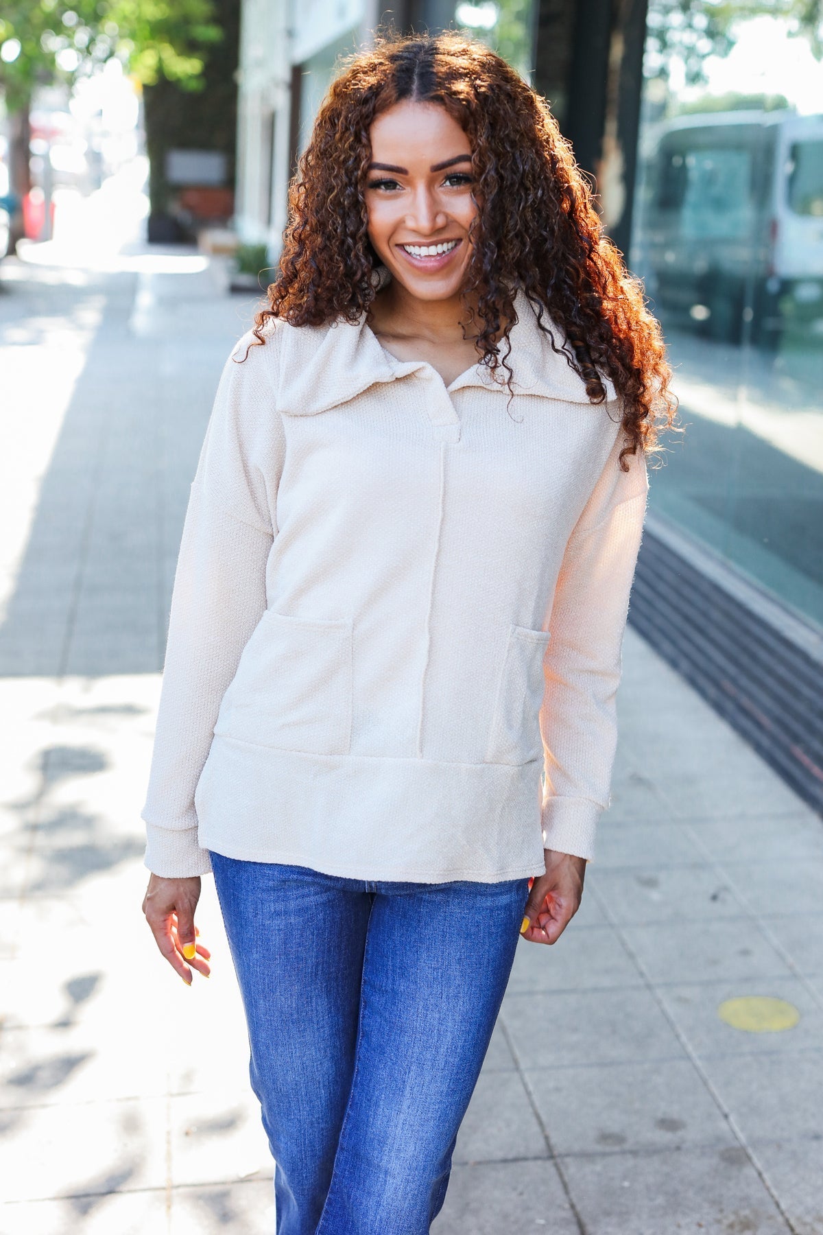 Anke | Easy Living oatmeal knit sweater with a notched neckline and oversized collar