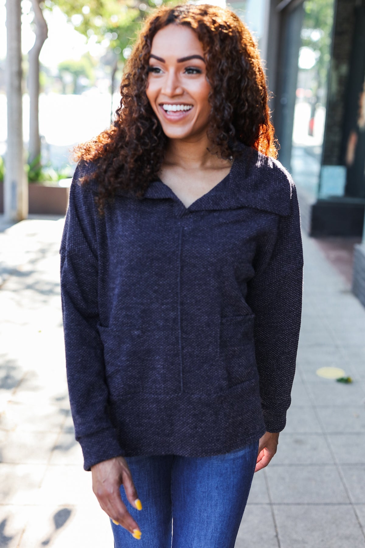 Martina | Easy Living Charcoal textured knit sweater with a notched neckline and oversized collar