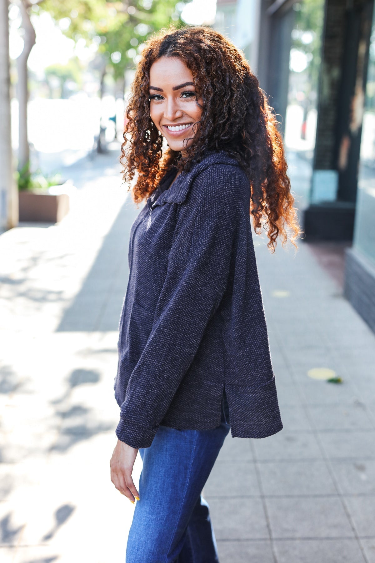 Martina | Easy Living Charcoal textured knit sweater with a notched neckline and oversized collar