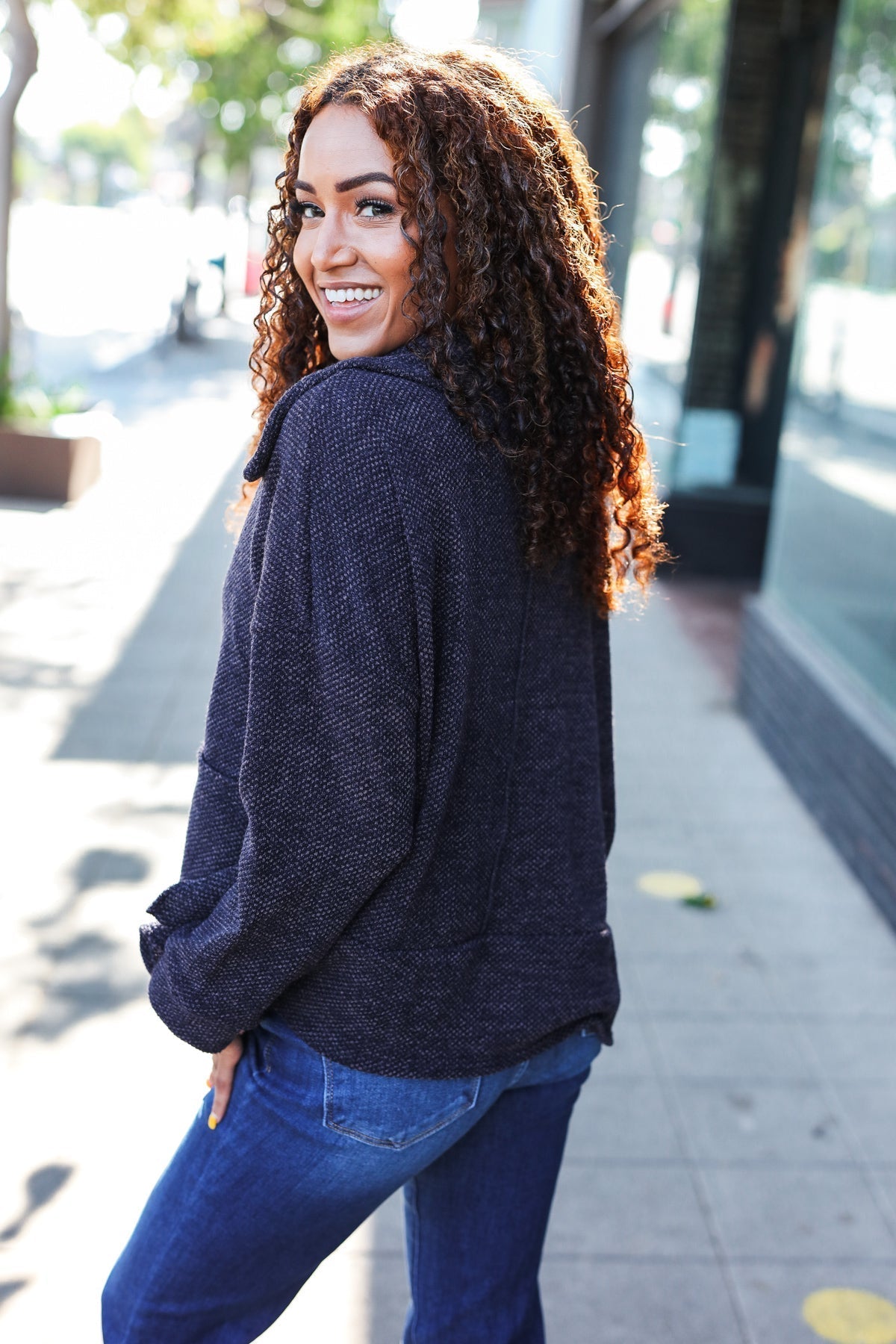 Martina | Easy Living Charcoal textured knit sweater with a notched neckline and oversized collar