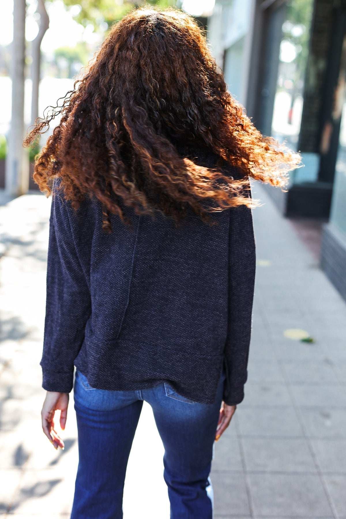 Martina | Easy Living Charcoal textured knit sweater with a notched neckline and oversized collar