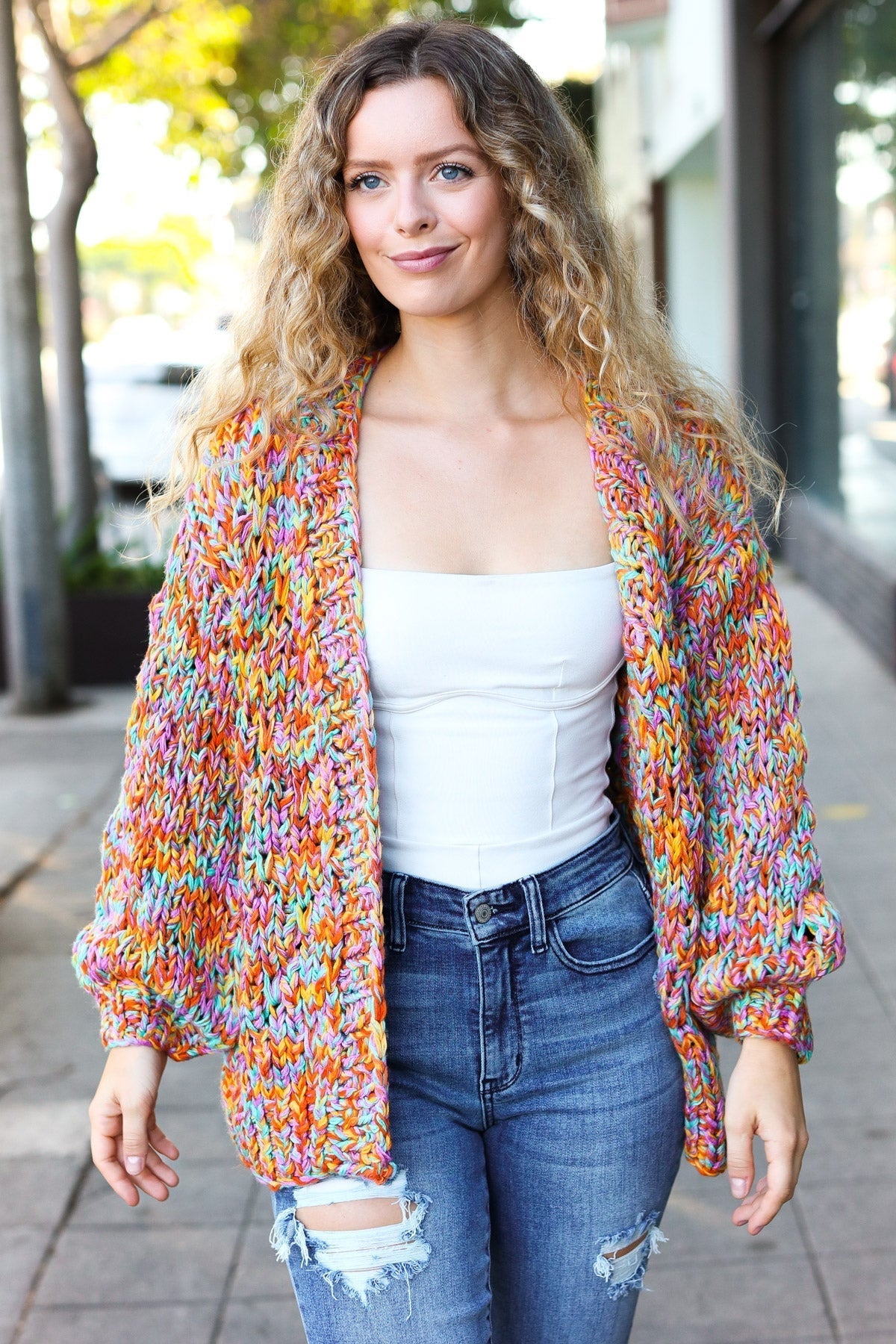 Susana | Be your best openwork multi-colored chunky knit cardigan