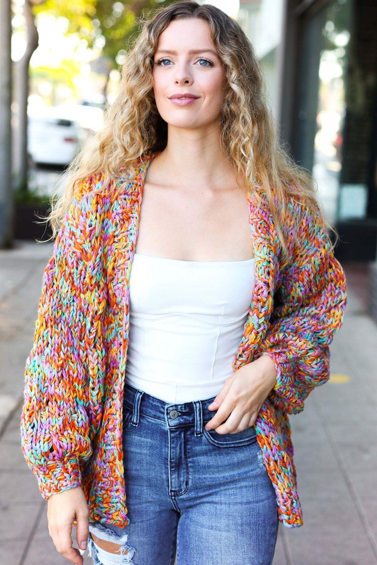 Susana | Be your best openwork multi-colored chunky knit cardigan