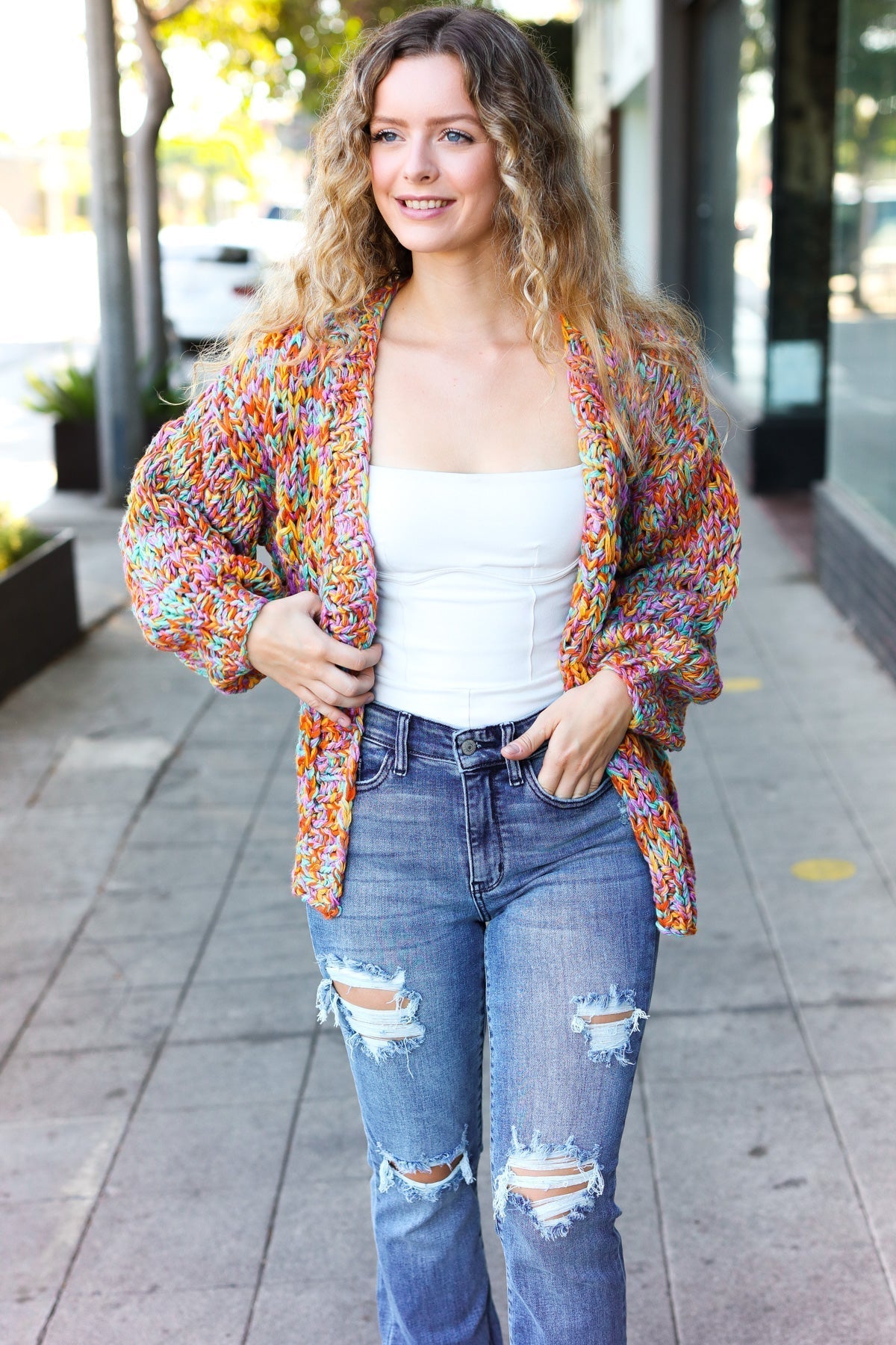 Susana | Be your best openwork multi-colored chunky knit cardigan